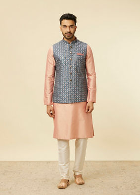 alt message - Manyavar Men Teal Blue Jaal Patterned Chikankari Embroidered Jacket image number 2